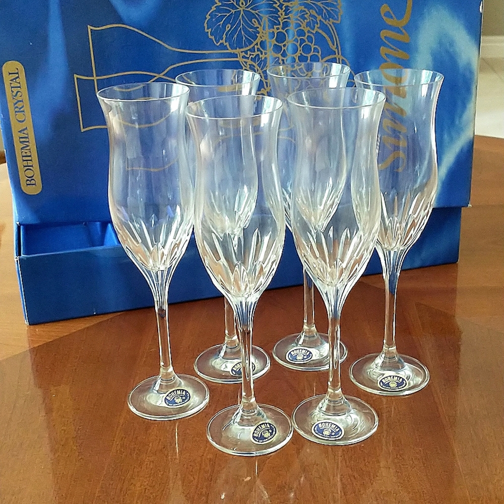6 Bohemia Crystal Champagne Flutes